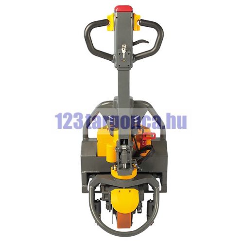 CBD15W-LIX hátulról: kezelőrúd, hajtókerék és a sárga akkumulátor