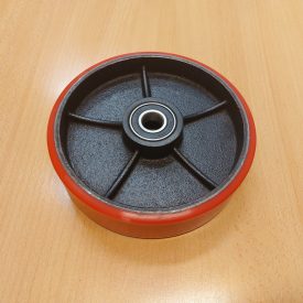   Uretán - öntöttvas raklapemelő béka kerék átmérő: 200mm, tengely átmérő: 20 mm, öntöttvas felni és poliuretán futófelület 